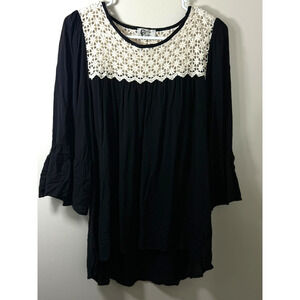 Christian Caliendo Boho Peasant Top Womens Size L Black Crochet Lace Bell Sleeve